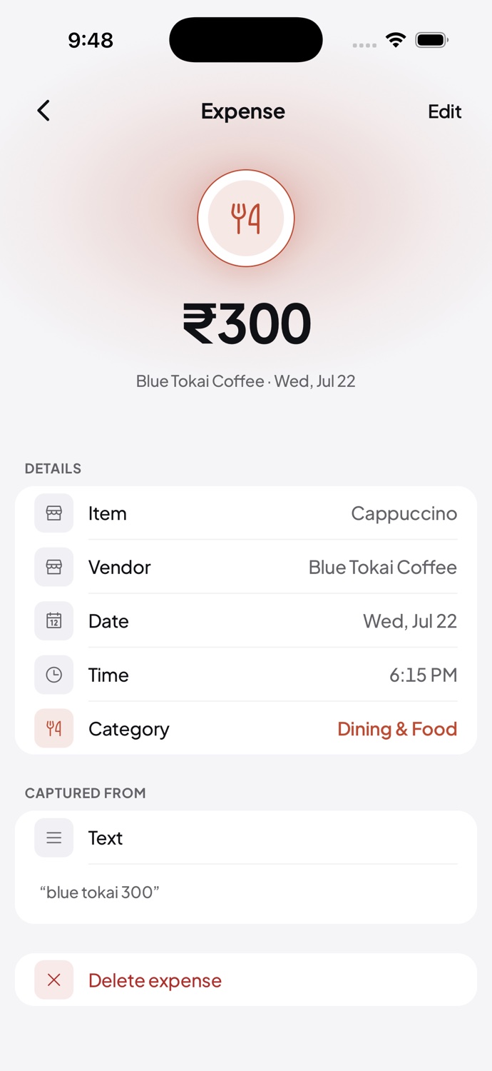 Plenty expense detail screen with amount, merchant, date, time, category, and capture source.
