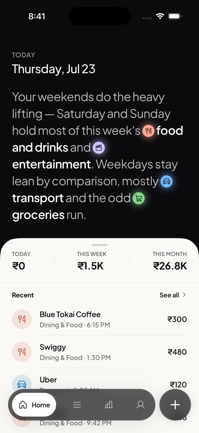 Plenty home screen with a spending summary and recent expenses.